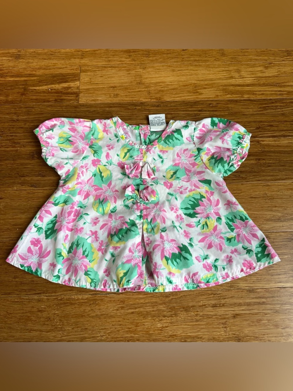 Vintage CUTIES BY JUDY Cottagecore Baby 18M Floral Pink & Green Puff-Sleeve Top